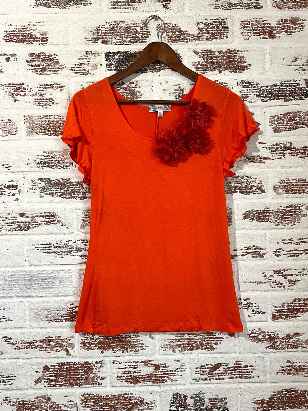 Vintage Suzie Y2K Orange Flower Applique Top M 3D Rosette Flutter Sleeve Boho